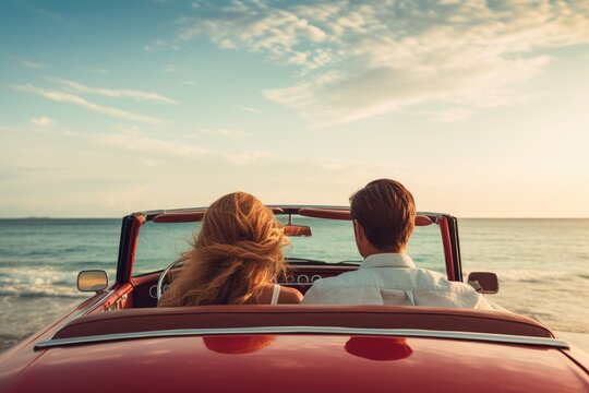 Cute couple in love on holiday vacation, View from the back of the cabriolet car that is driving along the beach. Ai generated