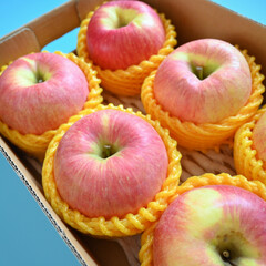beautiful pink apple in the box on blue background