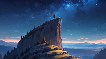 Man on top of a mountain at night with starry sky.