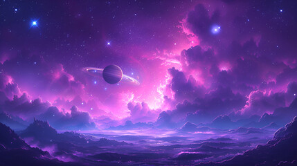 Naklejka na ściany i meble Planet image, unreal galaxy image purple background with space for design.