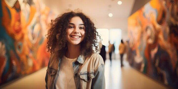 Teenage girl finds inspiration and joy in art gallery viewing. Concept Art Appreciation, Inspiration, Joy, Teenager, Art Gallery Viewing