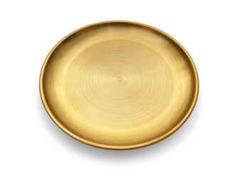 Golden plate isolated on white background with clipping path. Perspective top view. Empty gold...