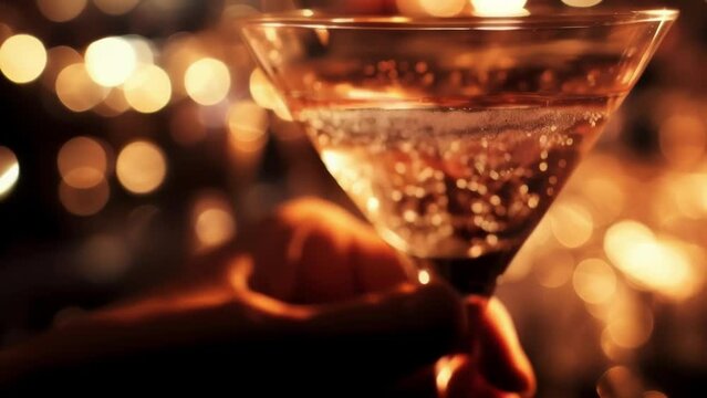 A closeup of a flappers hand holding a martini glass, with sparkling bubbles rising to the surface.