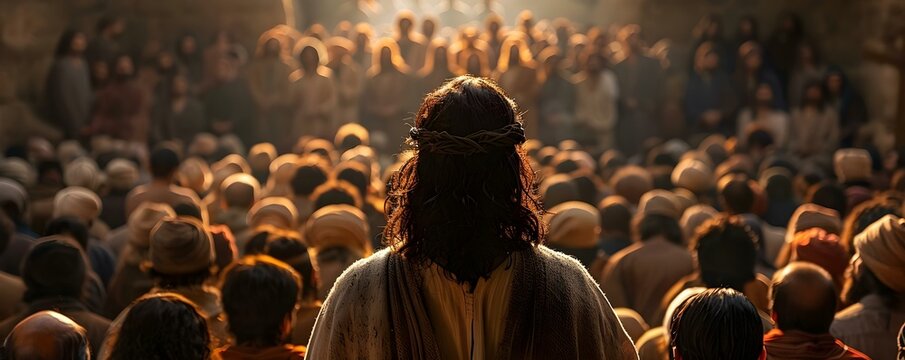 Rear view of Jesus giving a sermon to disciples or crowd. Concept Religious Art, Biblical Scenes, Jesus Christ, Disciples, Sermon