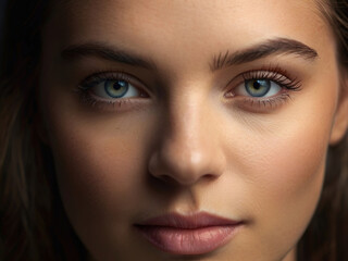 Close-up portrait of a beautiful young woman with blue eyes.