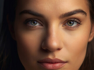 Close-up portrait of a beautiful young woman with blue eyes.