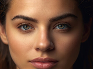 Close up portrait of a beautiful young woman with blue eyes looking at camera