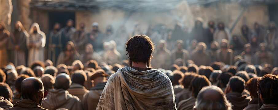 Jesus delivering a sermon to disciples or a crowd from behind. Concept Religious Art, Sermon Illustration, Biblical Scene, Spiritual Painting, Faithful Depiction