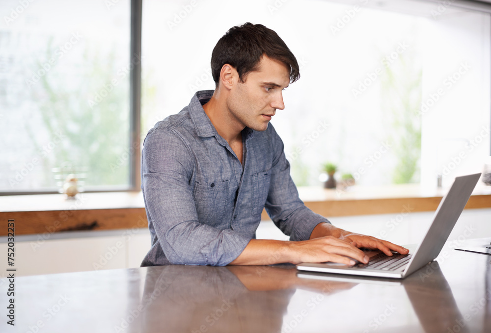 Poster home, remote work or man on laptop for research, article post edit or networking on internet in a ho