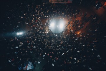 Top view of Crowd of people watching concert, Crowd in open air concert at night with lighting effects, Ai generated - obrazy, fototapety, plakaty