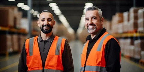 Foto op Canvas Smiling male workers in orange vests pose in warehouse representing teamwork. Concept Warehouse, Teamwork, Male Workers, Orange Vests, Smiling © Ян Заболотний