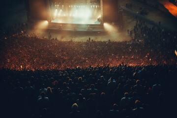 Top view of Crowd of people watching concert, Crowd in open air concert at night with lighting effects, Ai generated - obrazy, fototapety, plakaty