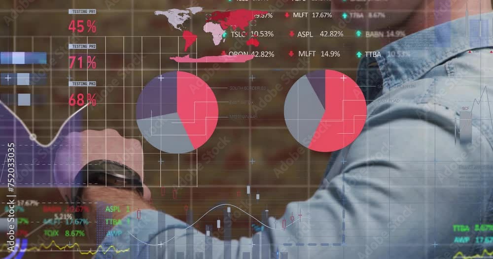 Poster animation of financial data processing over caucasian man checking smartwatch
