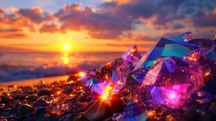 A cluster of colorful gemstones, reflecting a vibrant sunset through a crystal prism. Capture the play of light and color on the different facets of the stones. - obrazy, fototapety, plakaty