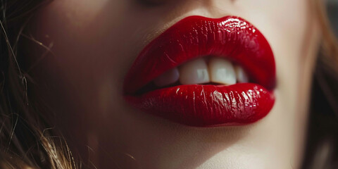 Female beautiful lips close up. Beautiful perfect makeup. Red lips gloss. Cosmetic