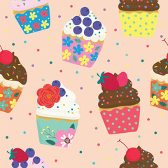 colorful cute flower fruit cupcake hand drawn seamless pattern vector illustration for invitation greeting birthday party celebration wedding card poster banner textile wallpaper paper wrap background