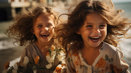 Two joyful young girls running on a beach, with windswept hair and cheerful smiles.