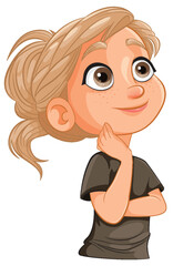 Cartoon girl thinking with a hand on her chin.