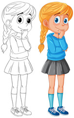 Cartoon girl in color and outline versions