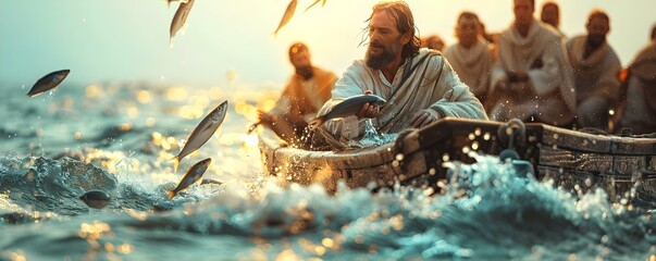 Jesus helps happy fishermen catch fish in a biblical religious scene. Concept Biblical Scene, Religious Imagery, Jesus Christ, Fishermen, Miraculous Help