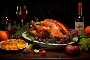Traditional dinner with roasted turkey , Baked turkey with lemon and vegetables, Ai generated