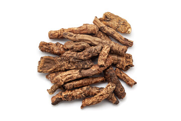 A pile of Dry Organic Hellebore or Kutki (Picrorhiza kurroa) roots, isolated on a white background. Top view