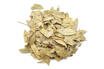 A pile of Dry Organic Sanay or Senna (Senna alexandrina) leaves, isolated on a white background....