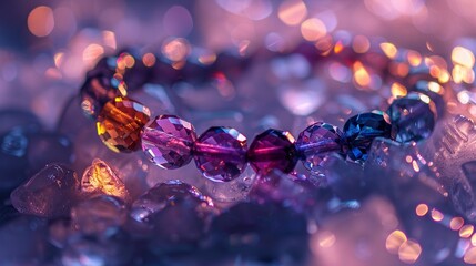 Gemstone bracelets laid out on a bed of ice, the stones reflecting and refracting the cold light. - obrazy, fototapety, plakaty