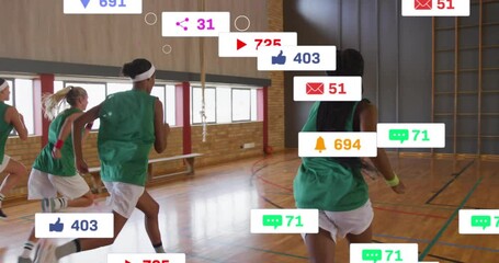 Animation of icons and data processing over diverse female basketball players - Powered by Adobe