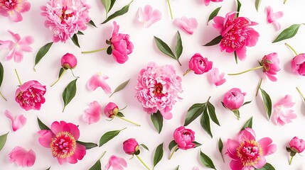 Flower pattern of pink peony flowers, branches, leaves and petals on white background. Flat lay, top view. Peony flower texture,generative ai, - obrazy, fototapety, plakaty