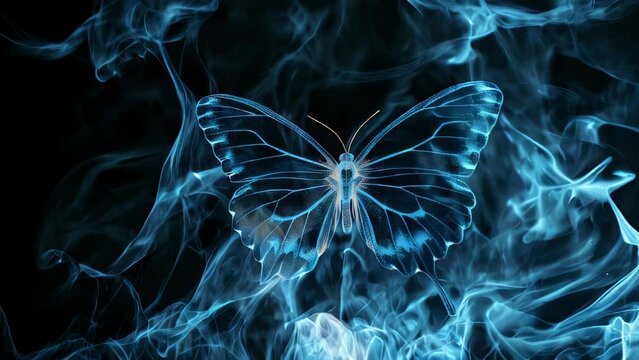 Smoke forms the silhouette of a butterfly, illuminated by blue light. Its texture is translucent, creating a fantastical atmosphere.
