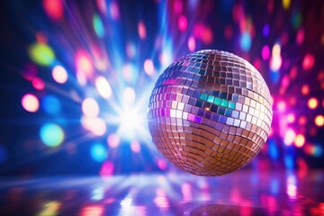 Obraz premium Disco ball with colored lights. club party, disco ball shines and glows. party and celebration in the club, Ai generated