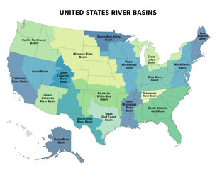 United States major river basins, political map. Nineteen major river basins, highlighted in different colors. Map with the silhouette of the USA, also showing the borders of the individual states. - obrazy, fototapety, plakaty