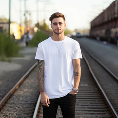 standing man in a white tshirt, blank canvas T-shirt mockup