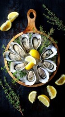 Fresh oysters on a cutting Board with slices of lemon. On dark rustic background