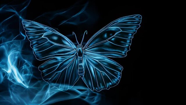 Smoke forms the silhouette of a butterfly, illuminated by blue light. Its texture is translucent, creating a fantastical atmosphere.
