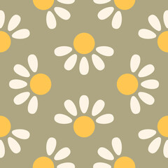 Camomiles on a khaki green seamless pattern. Minimalistic floral design for fabrics and wallpaper in boho style