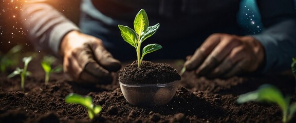 Expert hand of farmer checking soil health before growth a seed of vegetable or plant seedling, Business or ecology concept, In the background is the Milky Way galaxy. Stylish in the style of double e