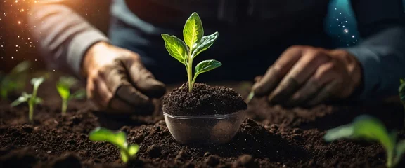 Foto op Plexiglas Expert hand of farmer checking soil health before growth a seed of vegetable or plant seedling, Business or ecology concept, In the background is the Milky Way galaxy. Stylish in the style of double e © HumblePride