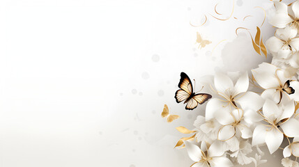 floral arch of white flowers with a flying butterfly on a white background. Wedding concept. a place for the text.
 - obrazy, fototapety, plakaty