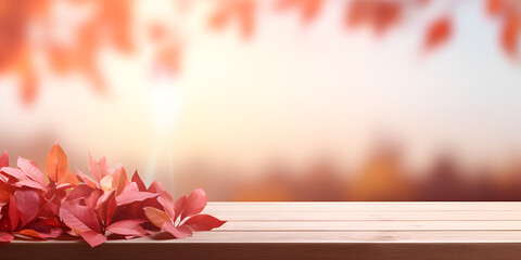 Naklejka na ściany i meble Empty Wood Table with Blurred Tree and Red Leaf bokeh Background