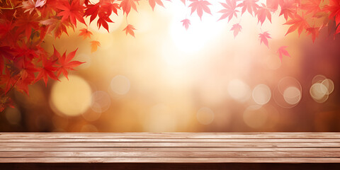 wood table top and blurred autumn tree and red leaf background presentation eco-friendly background 