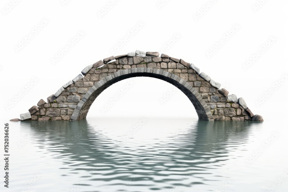 Wall mural arched stone bridge over calm waters, on isolated white background, generative ai