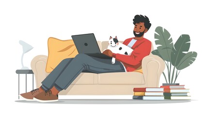 Relaxed man working from home with pet cat on couch. cozy freelancing concept with indoor plants. digital nomad lifestyle. AI
