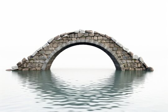 Arched stone bridge over calm waters, on isolated white background, Generative AI