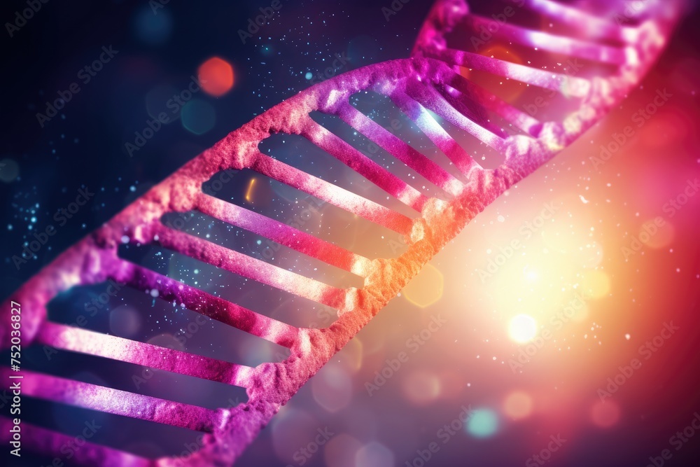 Poster digital illustration dna structure in colored background with bokeh, abstract background of cell chr