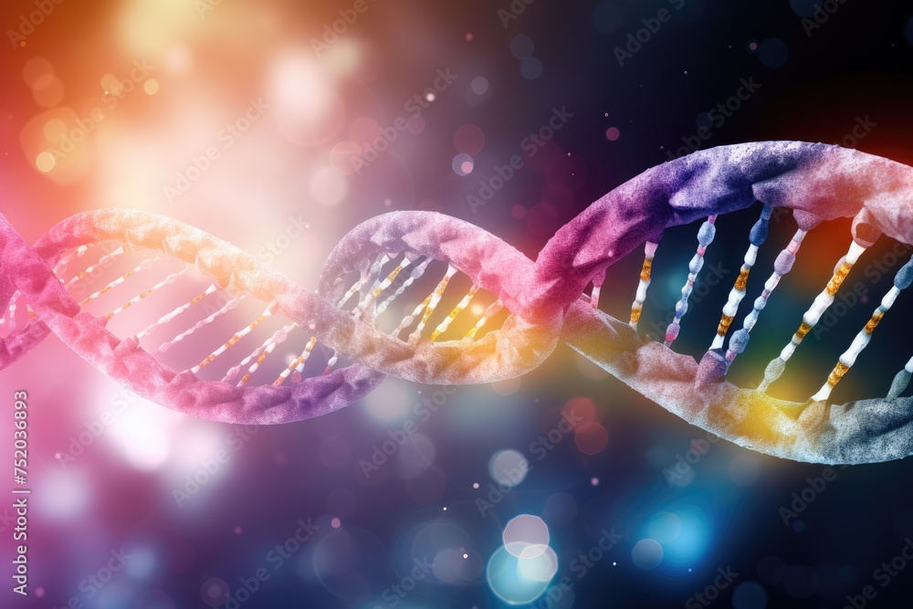 Poster digital illustration dna structure in colored background with bokeh, abstract background of cell chr