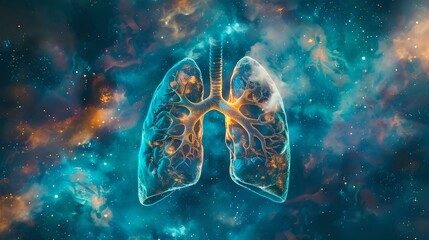 Abstract human lungs in cosmic space, artistic medical concept. representation of respiratory health, science-focused design. AI - obrazy, fototapety, plakaty