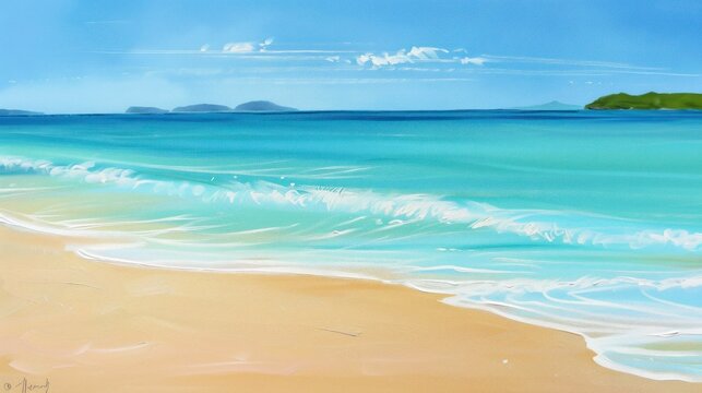 Serenity of Turquoise Seas and Golden Sands in Acrylic Beachscape Painting