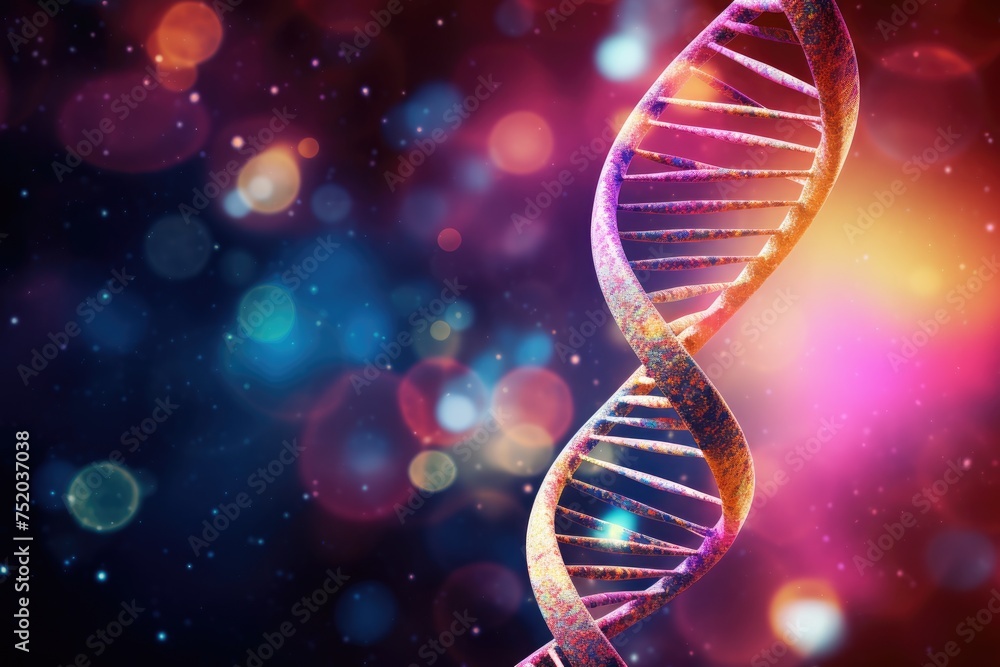 Poster digital illustration dna structure in colored background with bokeh, abstract background of cell chr